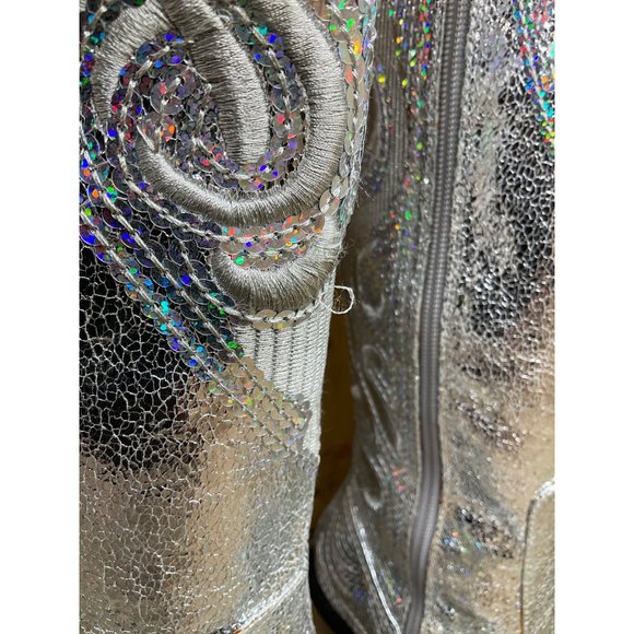 US9 Silver Sequin Faux Leather Party Western Boots NEW with minor marks - Picture 4 of 10